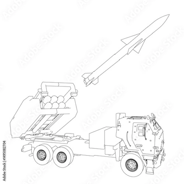 Fototapeta A black and white drawing of a rocket and a truck. The rocket is in the air and the truck is on the ground. Scene is serious and focused on the military aspect of the rocket and truck