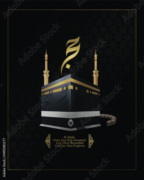 Fototapeta Kaaba Hajj Illustration with Arabic Calligraphy and Islamic Prayer – Hajj Mubarak Design. Ideal for celebrating pilgrimage and promoting spiritual messages during Dhul Hijjah and Eid al-Adha.