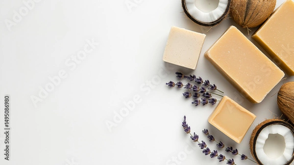 Fototapeta Natural soaps and coconuts with lavender on white background for beauty and spa concepts