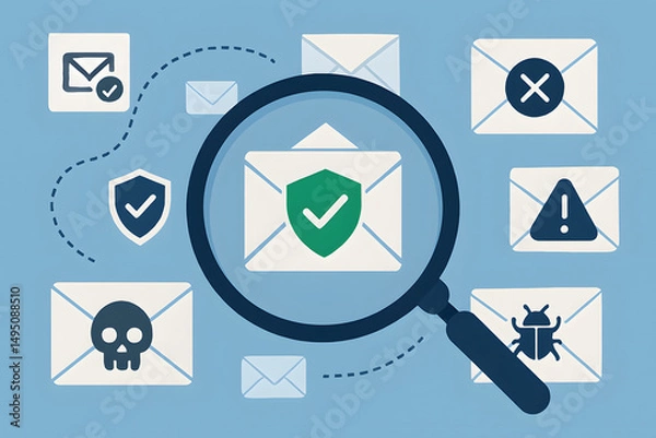 Obraz Email Security Analysis: Digital scrutiny of the messages on screen for safe conduct. A magnifying glass over the mail icon. Showing a careful selection of trusted content.