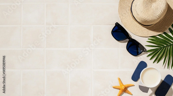 Fototapeta Summer essentials arranged neatly on tile to evoke travel and relaxing vacation vibes