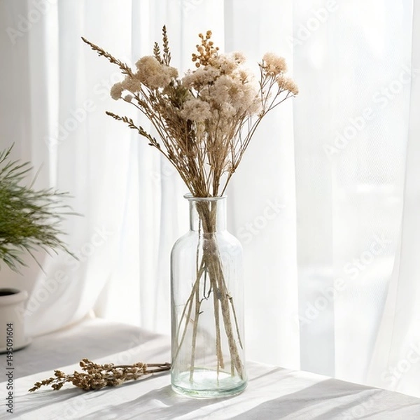 Fototapeta Elegant floral bouquet in a glass vase with dried wheat on a table, perfect home decor
