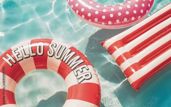 Obraz inflatable rings and mattress in white, pink and red colors with polka dots and stripes.   One float prominently displays the words "Hello Summer".  Summer vacation, travel,  tourism concept.