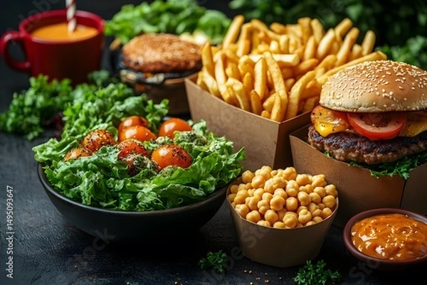 Fototapeta Diverse Fast Food Options on a Dark Surface