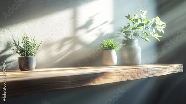 Obraz Minimalist Plant on Wooden Shelf with Shadow Play