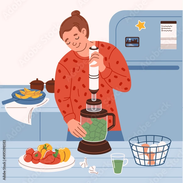 Fototapeta A man cooks in the kitchen, mixing fresh vegetables and vitamins in a blender.  Home life, cooking breakfast or dinner. Vector illustration in the flat style