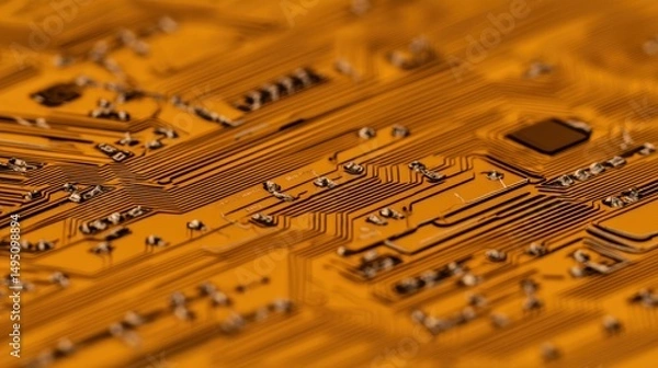 Obraz An extreme macro shot of a flexible circuit board, amber-colored polyimide material, silver conductive traces, tiny mounted chips, seen from a straight-on angle, smooth lab background in soft gray.