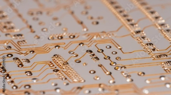 Obraz An extreme macro shot of a flexible circuit board, amber-colored polyimide material, silver conductive traces, tiny mounted chips, seen from a straight-on angle, smooth lab background in soft gray.