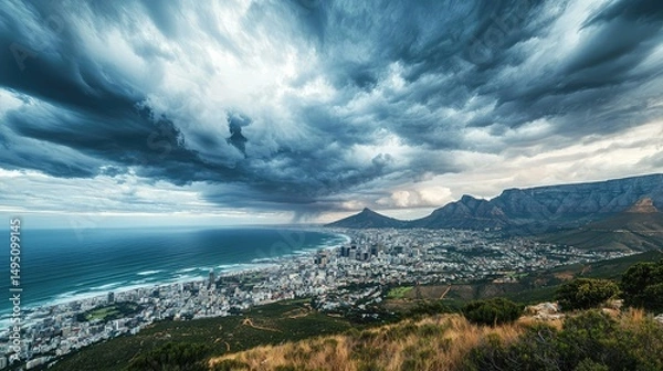 Obraz sweeping panoramic scene of Cape Town's urban landscape, with the coast and mountains in the distance, all under a dramatic, cloudy sky.