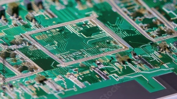 Obraz An extremely detailed close-up of an automotive ECU PCB, rugged green finish, conformal coating reflections minimized, surrounded by metallic casing edges, lab white background.