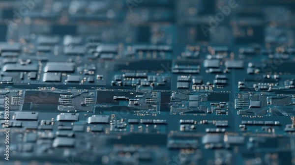 Obraz Close-up image of a printed circuit board with microchips and components, showcasing modern electronic design and precision engineering.