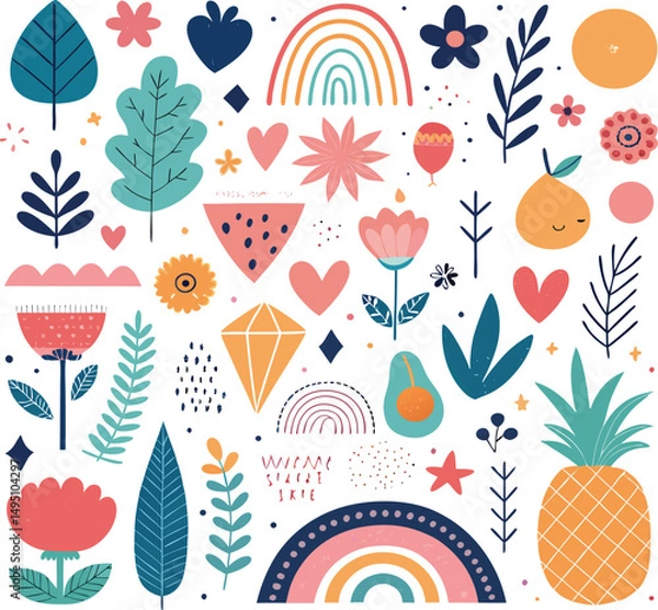 Fototapeta Cute Floral and Fruit Doodle Vector – Boho Style Clipart Pack