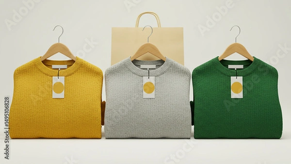 Fototapeta Colorful Knit Sweaters Displayed on Hangers with Price Tags Mockup
