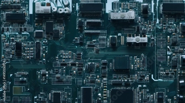 Obraz Close-up image of a printed circuit board with microchips and components, showcasing modern electronic design and precision engineering.