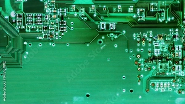 Obraz Macro photo of a green printed circuit board showing intricate electronic components used in computing, robotics, and digital systems.
