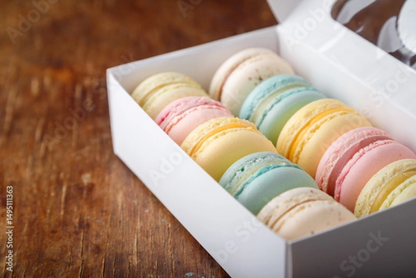 Obraz Multicolored macaroons in white box on old wooden background. Copy space