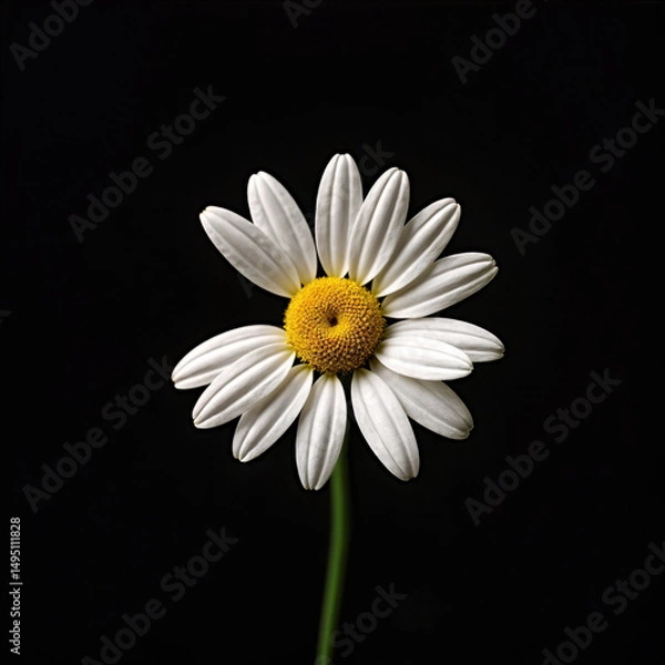 Fototapeta Single white daisy with yellow center on black background