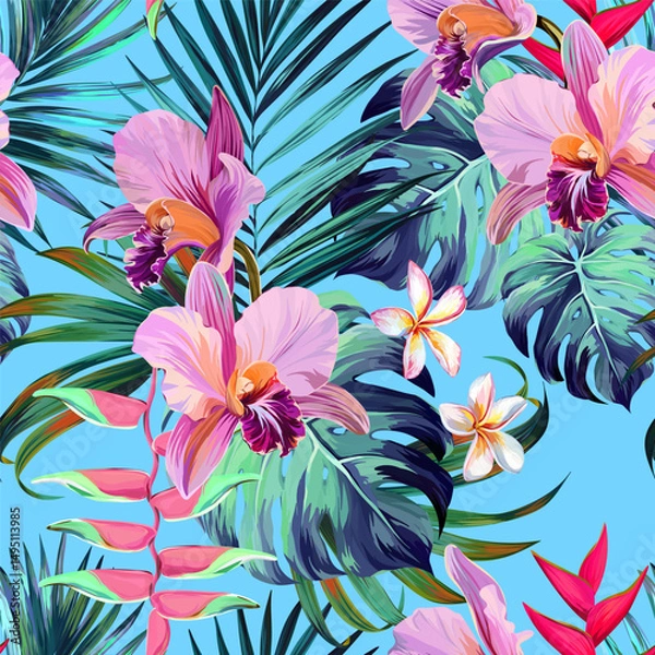 Fototapeta Seamless vector pattern. Tropical pattern. Flowers tropics orchid, plumeria, monstera, palm leaf. Exotic pattern, Hawaiian pattern