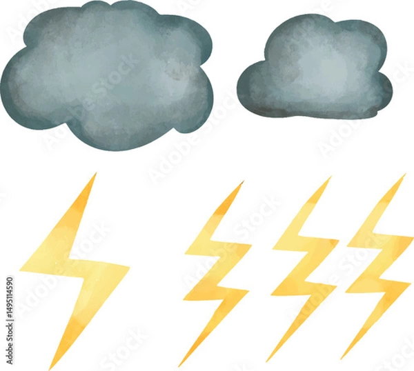 Fototapeta Watercolor weather icons set, Watercolor cloudy Cloud, thunder lightIllustration Set, cloud, and Sky Elements Collection, Hand-Painted Celestial Elements Clipart Pastel Sky Decorations, sun, Clouds