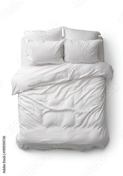 Fototapeta A pristine white bed, draped with a smooth, crumpled comforter and pillows, showcasing a clean, fresh look