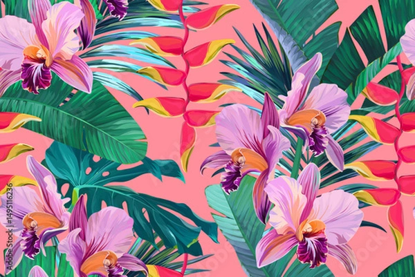Fototapeta Seamless vector pattern. Tropical pattern. Flowers tropics orchid, plumeria, monstera, palm leaf. Exotic pattern, Hawaiian pattern