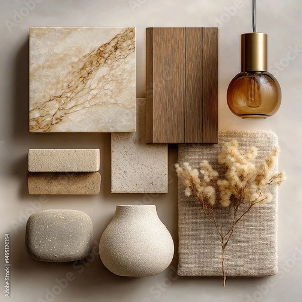 Fototapeta material board collection of tactile and elegant materials for the interior of a luxury spa, including creamy marble with subtle golden veining, crudo-toned textured wall finishes, natural oak wood 