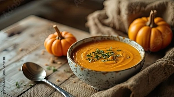 Fototapeta Autumnal Pumpkin Puree Soup on Rustic Wooden Table