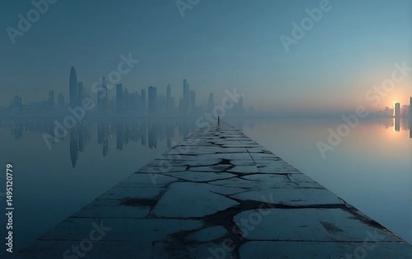 Obraz 3D Rendered Minimalist Futuristic City Skyline with Light Blue Road and Water Reflections, Digital Art Perspective Design