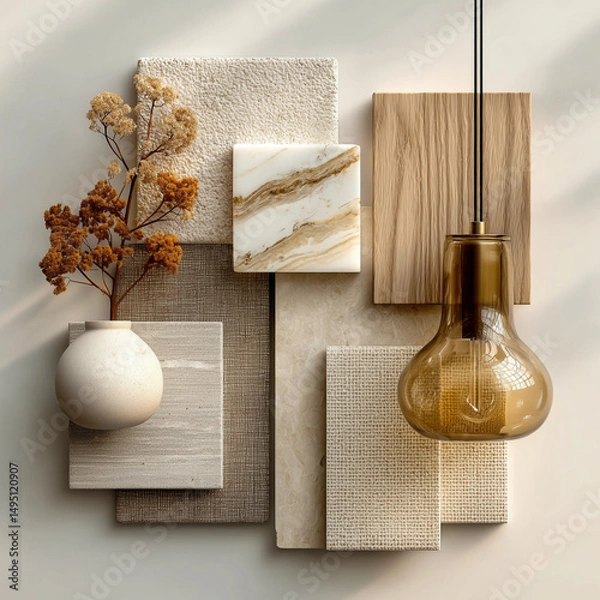 Fototapeta material board collection of tactile and elegant materials for the interior of a luxury spa, including creamy marble with subtle golden veining, crudo-toned textured wall finishes, natural oak wood 