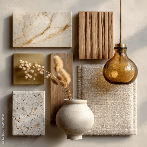 Fototapeta material board collection of tactile and elegant materials for the interior of a luxury spa, including creamy marble with subtle golden veining, crudo-toned textured wall finishes, natural oak wood 