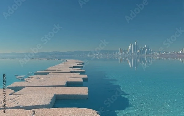 Obraz 3D Rendered Minimalist Futuristic City Skyline with Light Blue Road and Water Reflections, Digital Art Perspective Design