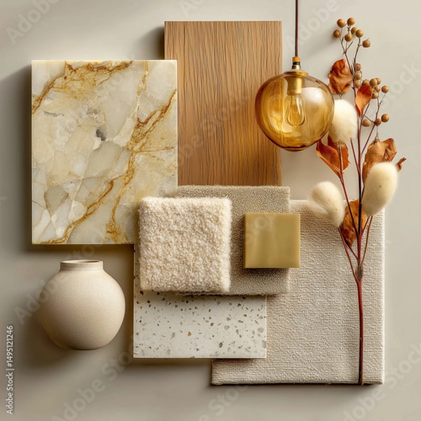 Fototapeta material board collection of tactile and elegant materials for the interior of a luxury spa, including creamy marble with subtle golden veining, crudo-toned textured wall finishes, natural oak wood 