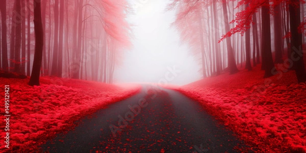 Fototapeta Mystical pathway through the red forest lined with towering trees and foggy atmosphere