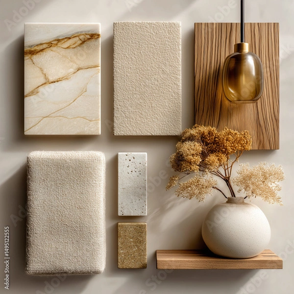 Fototapeta material board collection of tactile and elegant materials for the interior of a luxury spa, including creamy marble with subtle golden veining, crudo-toned textured wall finishes, natural oak wood 