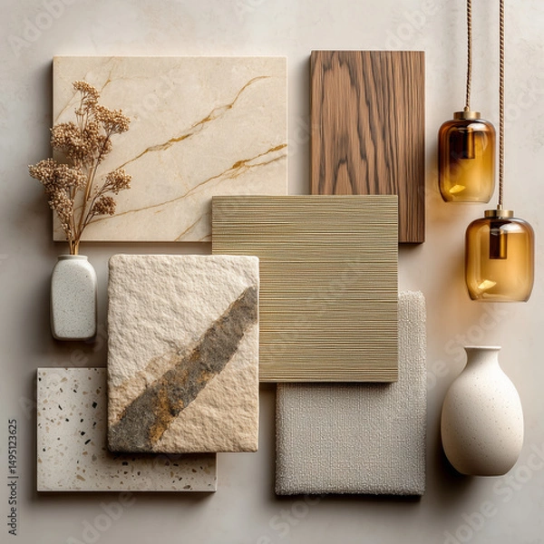 Fototapeta material board collection of tactile and elegant materials for the interior of a luxury spa, including creamy marble with subtle golden veining, crudo-toned textured wall finishes, natural oak wood 