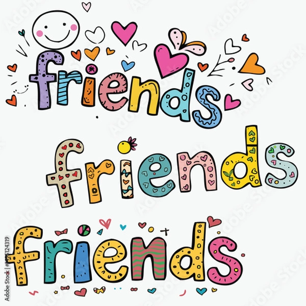 Fototapeta Colorful, playful lettering spelling "friends" three times, each with unique designs. Doddle letters.