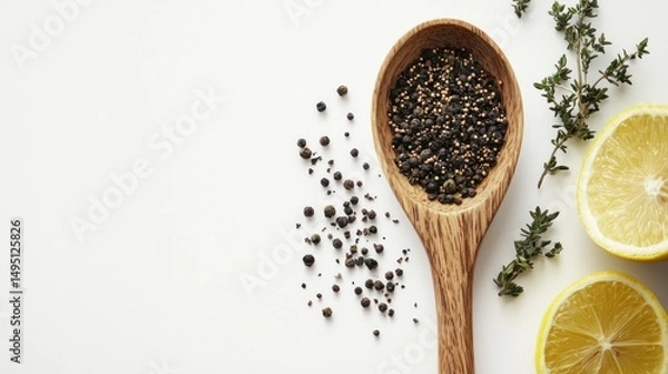 Obraz A wooden spoon with black pepper and thyme on a white background.