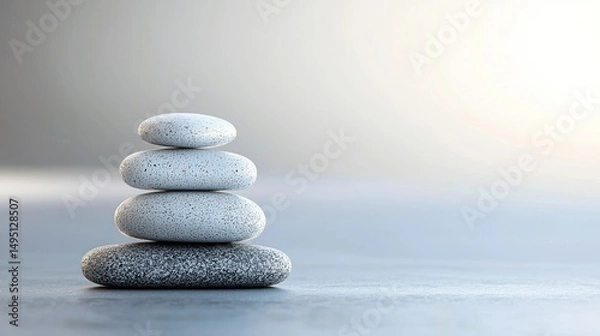 Fototapeta A stack of four gray pebbles on a gray surface with a blurred background.