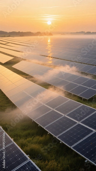 Obraz Ultra high-resolution realistic photo of solar energy field at dawn with glowing sunlight and mist over grass for sustainable themes