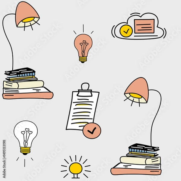Fototapeta Seamless pattern with books, desk lamps, checklists, and heart-shaped light bulbs. Perfect for productivity, learning, freelancing, and creative planning themes.