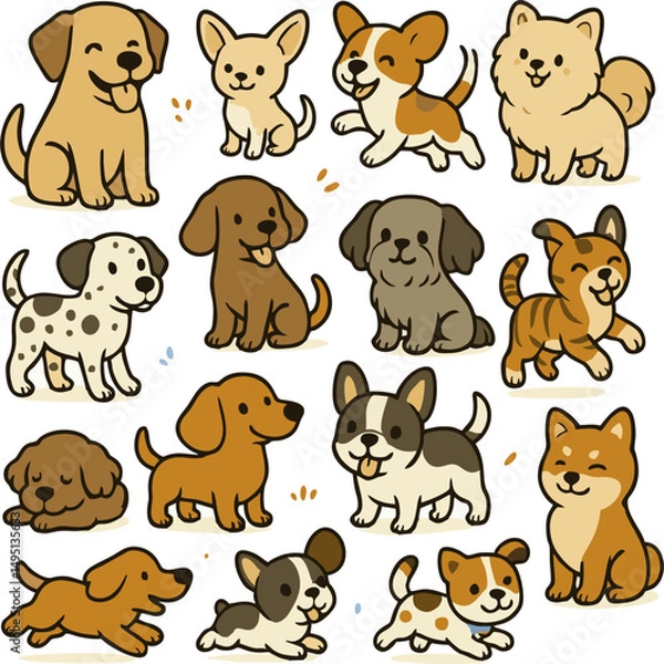 Obraz Adorable vector illustration of various cartoon dog breeds in playful and sitting poses. This colorful set features a variety of dog characters including pugs, beagles, bulldogs, and more.