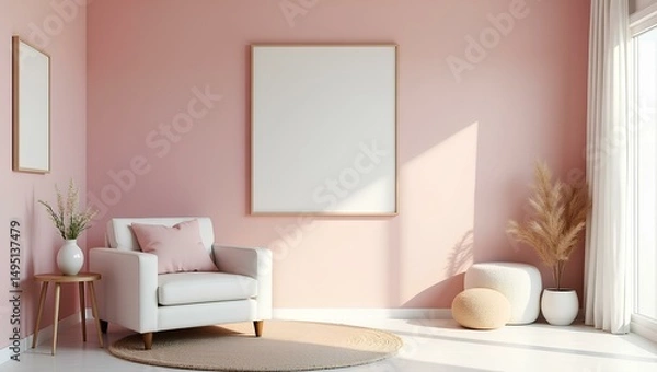Fototapeta Modern living room interior with comfortable sofa, stylish furniture, and warm lighting design