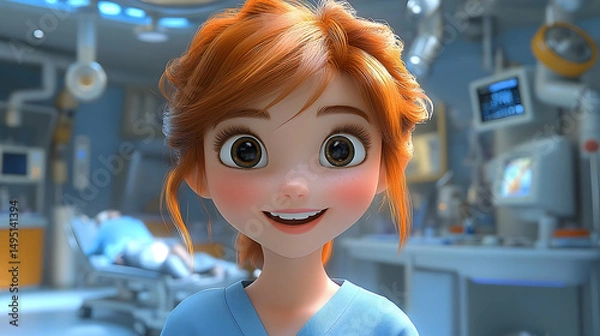 Fototapeta Cartoonish, red-haired woman in blue scrubs, smiles in a brightly lit, sterile operating room
