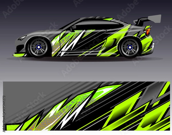 Fototapeta Car wrap design vector. Graphic abstract stripe racing background designs for vehicle, rally, race, adventure and car racing livery