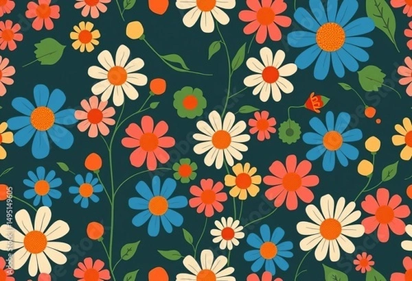 Obraz Abstract Matisse-inspired blue chamomile floral seamless pattern Retro naive style, flat vector design, empty space, graphic