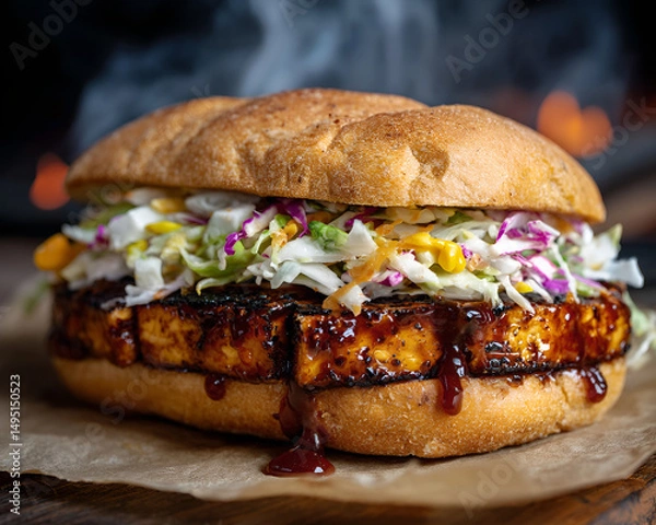 Obraz Crispy BBQ tofu sandwich with slaw and sauce