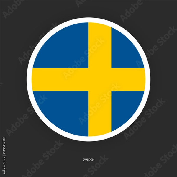 Fototapeta Sweden circle flag icon with shadow on dark background. Sweden button icon with white border isolated dark grey background	