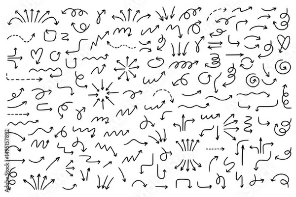 Obraz Set of various black thin marker arrows, hand drawn. Vector pointers in different directions: twisted, straight, looped for social networks, online webinars, tables, presentations, advertising.