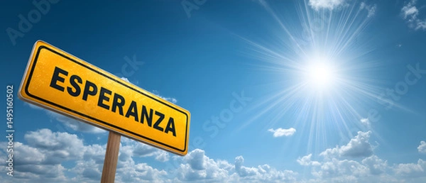 Obraz ESPERANZA dorada bandera; cielo claro, azul, celeste; espacio para texto