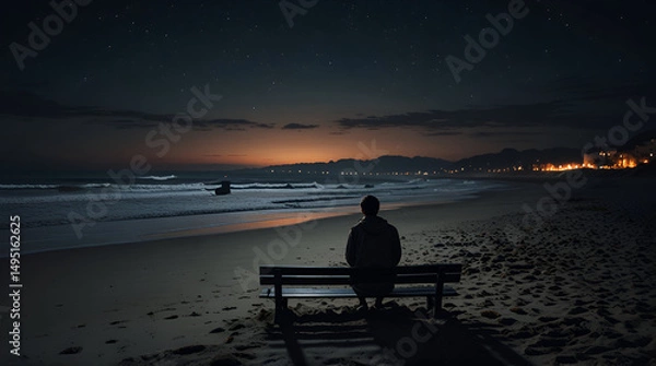 Fototapeta alone sad boy on beach side at night,generative.ai